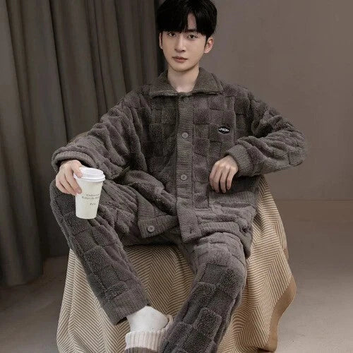 2Pcs/set Men's Pajamas Autumn Winter Padded Long-sleeved Trousers Coral Fleece