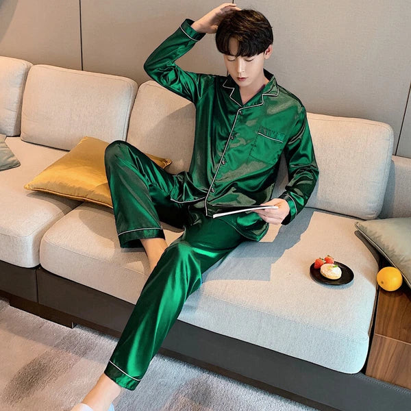 Mens Silk Satin Pajamas Set Sleepwear Pyjamas Long Sleeve PJ Set Top and Bottom