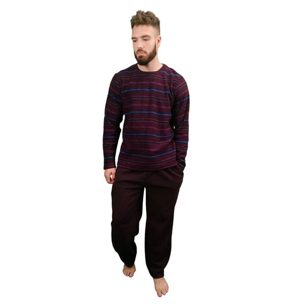 Mens Fleece Warm Soft Pyjamas Striped PJ Set Nightwear Nightsuit Pyjama S-4XL