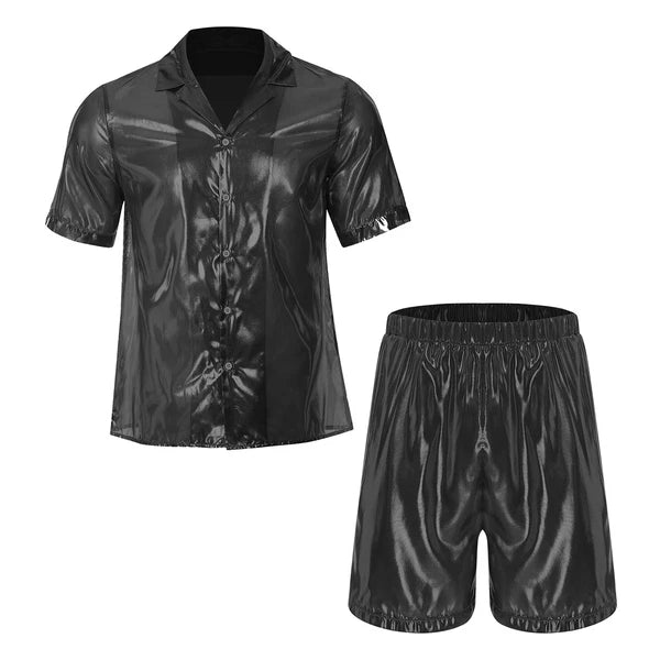 Men Shiny Glossy See-Through Metallic Chiffon Jumpsuit Bodysuit /Pajama Set