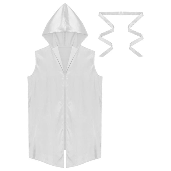 Men's Satiny Pajama Robe Set Sleeveless Silk Hooded Bathrobe with Belt Sleepwear
