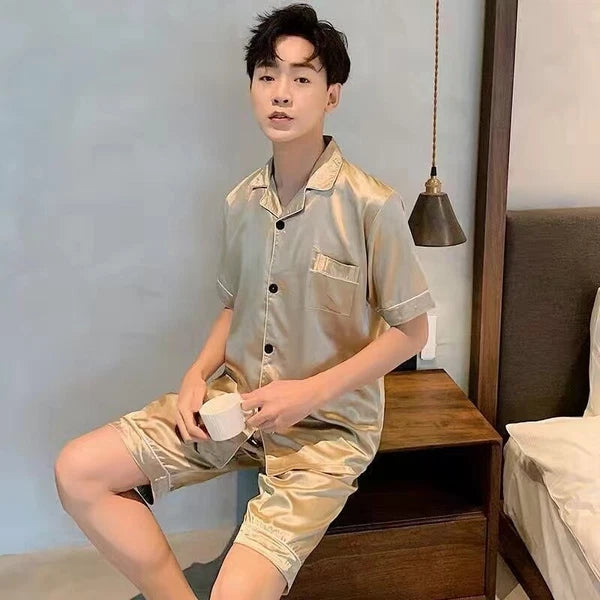 Mens Silk Satin Pajamas Pj Set Top and Shorts Sleepwear Nightwear Casual pijamas