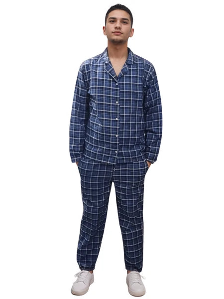 Mens Checked Pyjamas Set Cotton Blend Traditional Nightwear Lounge Wear Top PJ's
