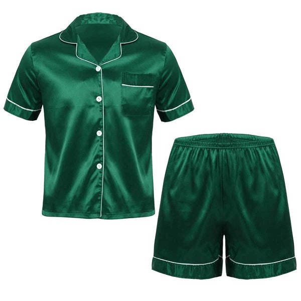 Mens Satin Short Sleeve Silk Pajama Set with Shorts Two Piece Button-Down Pj AU