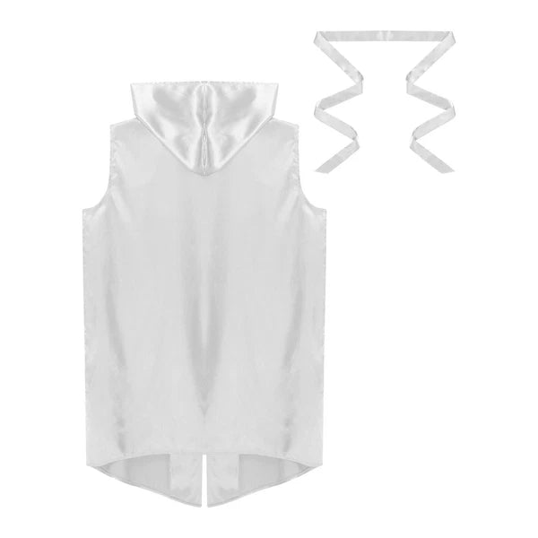 Men's Satiny Pajama Robe Set Sleeveless Silk Hooded Bathrobe with Belt Sleepwear