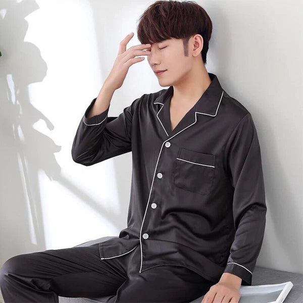 Mens Silk Satin Pajamas Set pyjamas for men Loose Sleepwear PJ Set Autumn Gift