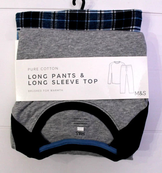 M & S Mens Pure Cotton Brushed For Warmth Pyjamas Loungewear Top & Long Pants