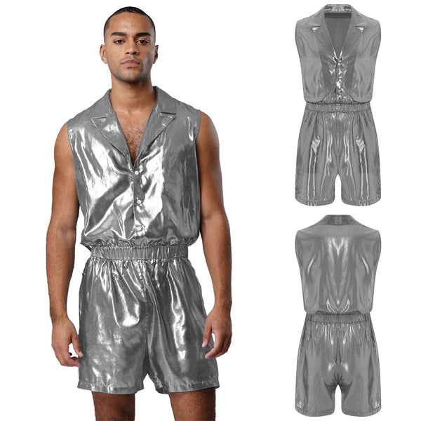 Men Shiny Glossy See-Through Metallic Chiffon Jumpsuit Bodysuit /Pajama Set