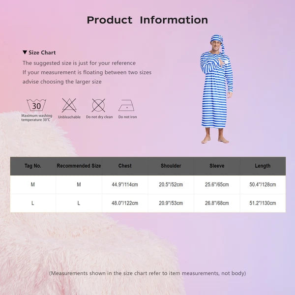 Men's Pajamas Set Long Sleeve Striped Robe Round Neck Loose Sleepwear with Hat