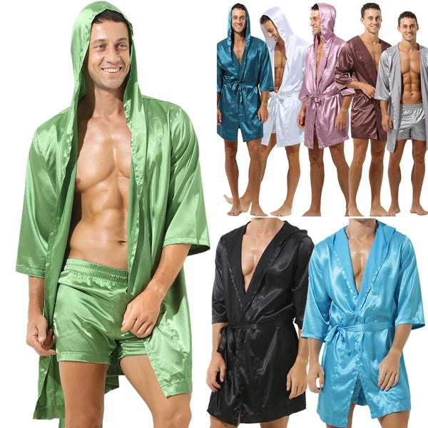 Mens Pajamas Set Night Sleep Robes Silk Satin Nightgown Bathrobe Shorts Homewear