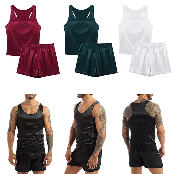 Men's Satin Pajamas Set Soft Silky Loungewear Nightwear Shirts Top with Shorts
