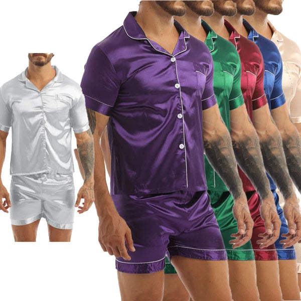 Mens Silk Satin Pajamas PJ Set Top and Bottom Shirts Shorts Sleepwear Nightwear