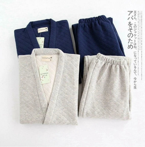 Winter Japanese Men Pajama Sleep Wear Top Pant Wadded Cotton Kimono Set