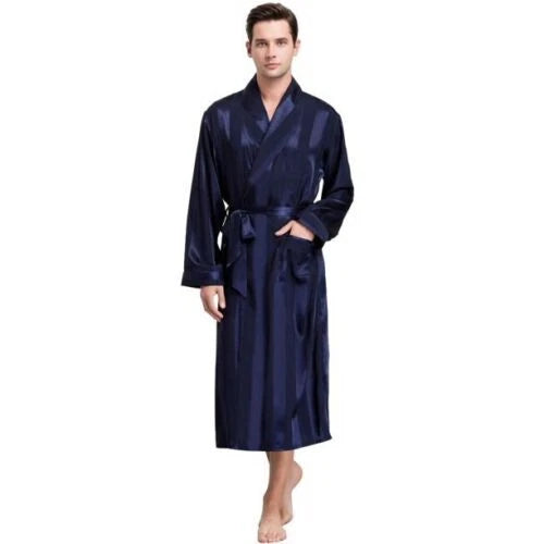 LONXU Men's Pajamas Long Sleeve Silk Satin Robe Luxury Drawstring Nightwear Sets