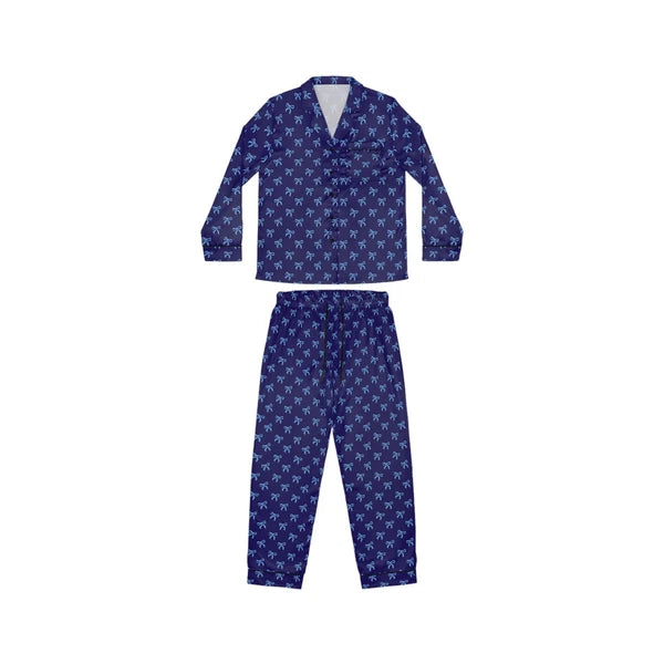 Navy Satin Pajama Set with Light Blue Bows, Women's Satin Pajamas, Silk Pajamas