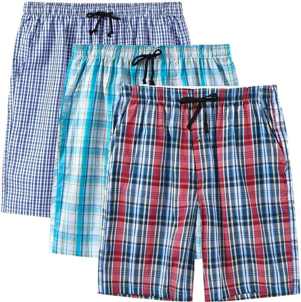 Men's Sleepwear Lounge Shorts 100% Cotton Plaid Pajama Bottoms Button Fly 3 Pack