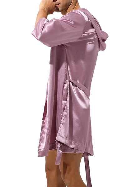 Mens Silk Satin Pajamas Set Open Front Hooded Robe Bathrobe Sleepwear with Belt