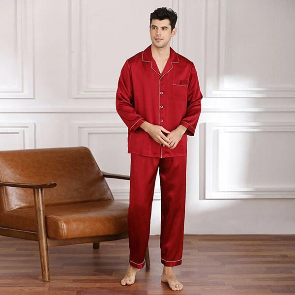 Mens Silk Satin Pajamas Set Sleepwear Pyjamas Long Sleeve PJ Set Top and Bottom
