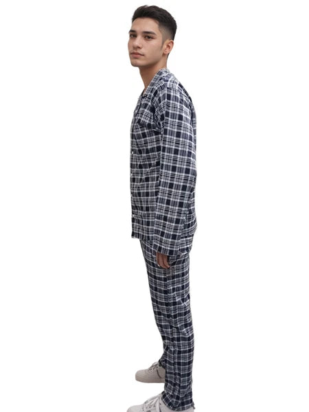Mens Checked Pyjamas Set Cotton Blend Traditional Nightwear Lounge Wear Top PJ's