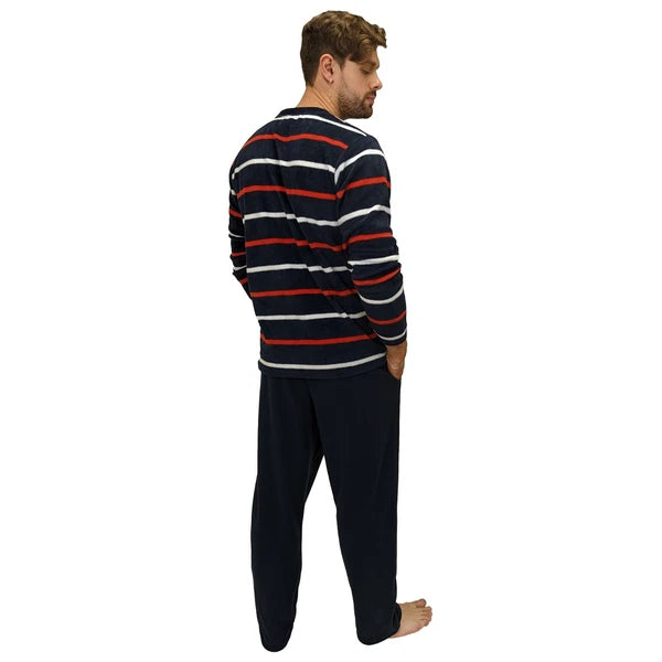 Mens Fleece Warm Soft Pyjamas Striped PJ Set Nightwear Nightsuit Pyjama S-4XL