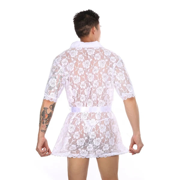 Mens See Through Lace Robe Bathrobe Nightwear Underwear Gown Pajamas Lingerie