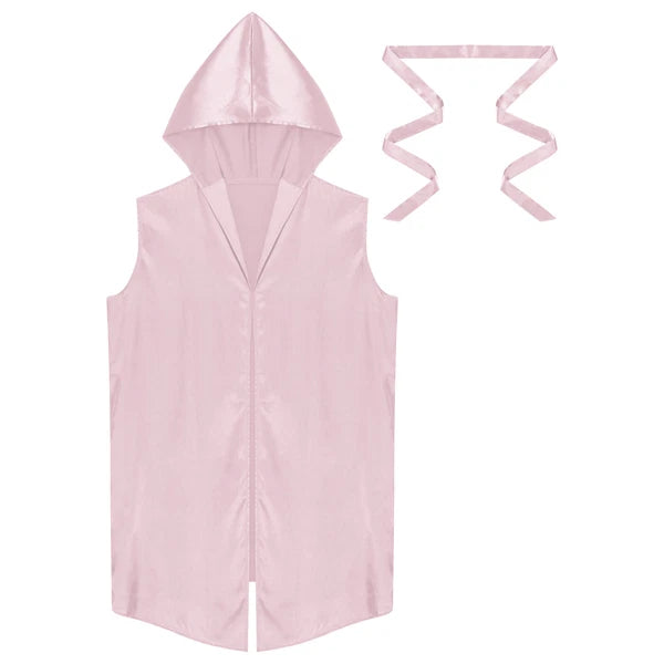 Men's Satiny Pajama Robe Set Sleeveless Silk Hooded Bathrobe with Belt Sleepwear