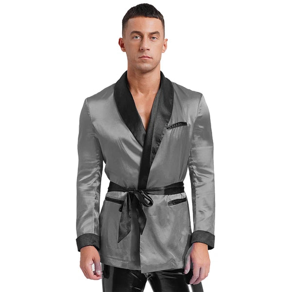 Men's Silk Satin Pajamas Set Short Sleeves Top and Bottom Boxer Shorts Shirt Set