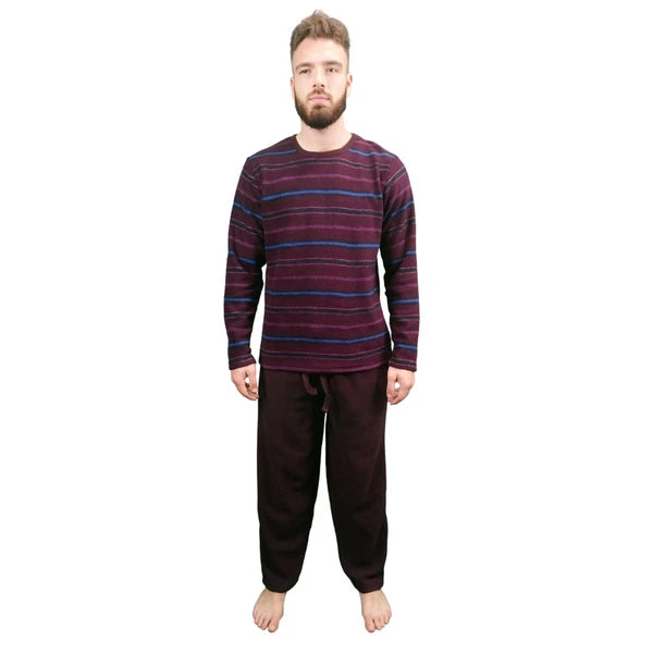 Mens Fleece Warm Soft Pyjamas Striped PJ Set Nightwear Nightsuit Pyjama S-4XL