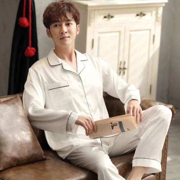 Mens Silk Satin Pajamas Set pyjamas for men Loose Sleepwear PJ Set Autumn Gift