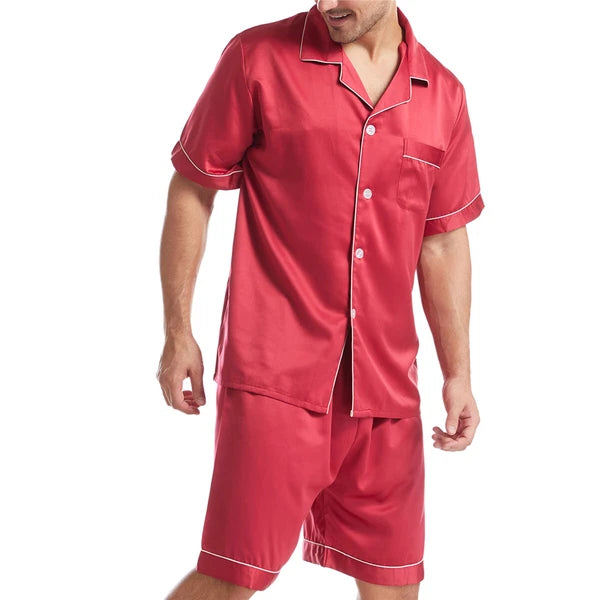 Men Satin Pajamas Set Shorts + Shirt Sleepwear Lounge Nightwear Buttons Outfit