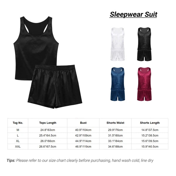 Men's Silk Satin Pajamas Set Vest Top and Boxer Shorts Sleepwear Home Loungewear
