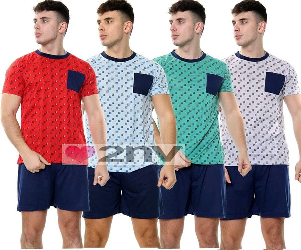 Mens Pyjama Set Short Sleeve Cotton Blend Lounge Wear Mens PJ Shorts Set