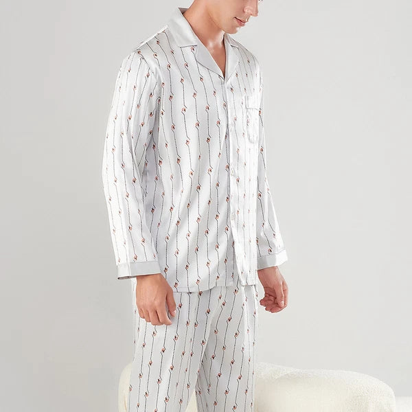 Men's 19MM 100% Pure Mulberry Silk Pajamas Set Long Sleeves Silk Sleepwear S~3XL