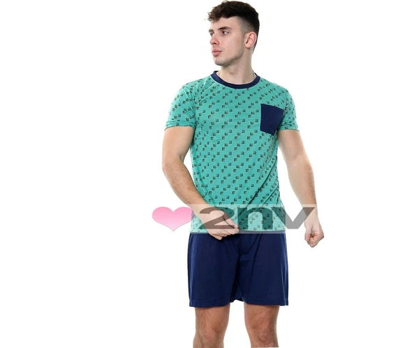 Mens Pyjama Set Short Sleeve Cotton Blend Lounge Wear Mens PJ Shorts Set