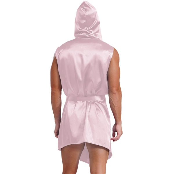 Men's Satiny Pajama Robe Set Sleeveless Silk Hooded Bathrobe with Belt Sleepwear
