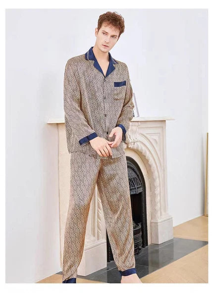 Men's 19MM 100% Pure Mulberry Silk Pajamas Set Print Silk Sleepwear M L XL