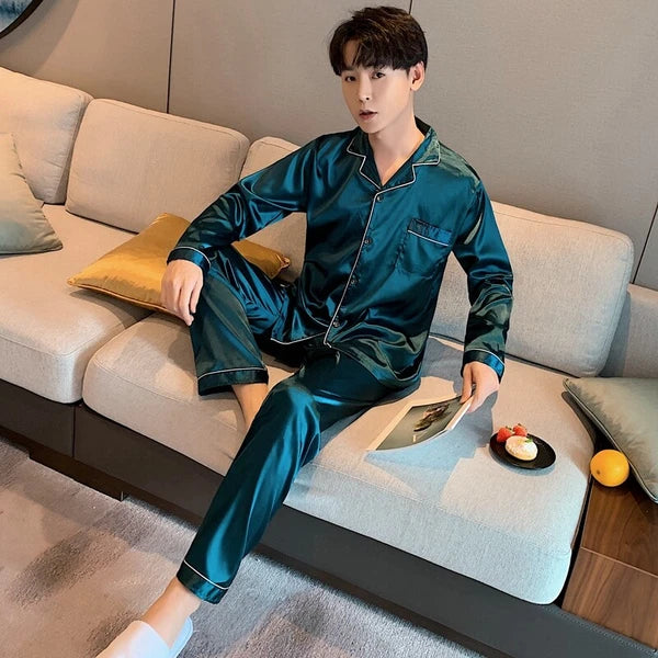 Mens Silk Satin Pajamas Set pyjamas for men Loose Sleepwear PJ Set Autumn Gift