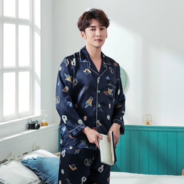 Men's Long Sleeve Satin Pajamas Set Luxury Button Down Pajama Pants Home Clothe