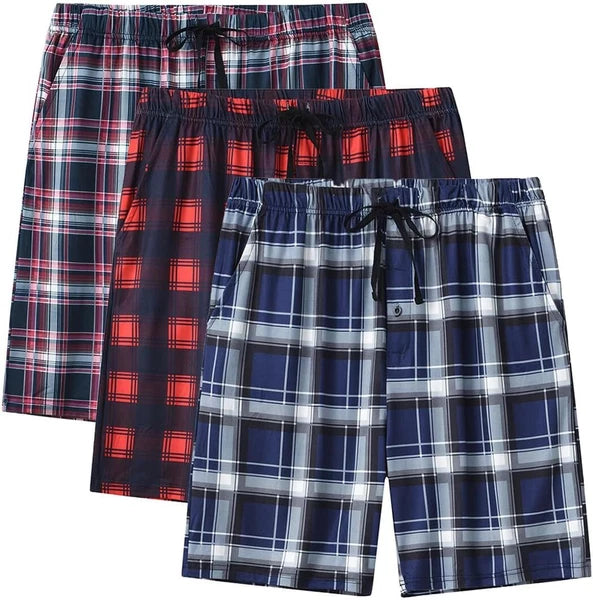 Men's Sleepwear Lounge Shorts 100% Cotton Plaid Pajama Bottoms Button Fly 3 Pack