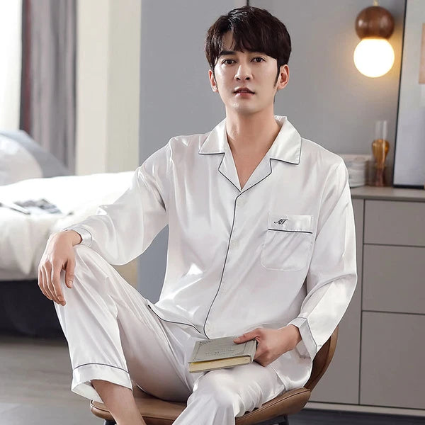 Men's Long Sleeve Satin Pajamas Set Luxury Button Down Pajama Pants Home Clothe
