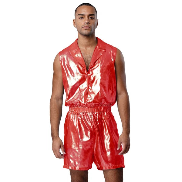 Men Shiny Glossy See-Through Metallic Chiffon Jumpsuit Bodysuit /Pajama Set