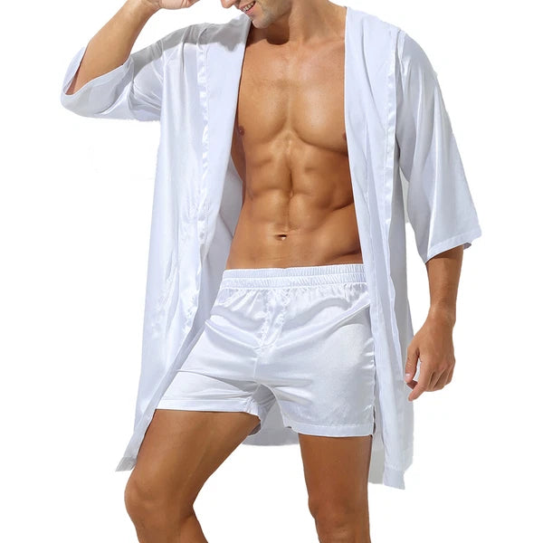 Men's Hooded Robe Set Silk Satin Night Gown Bathrobe Pajama Hot Pants Underwear
