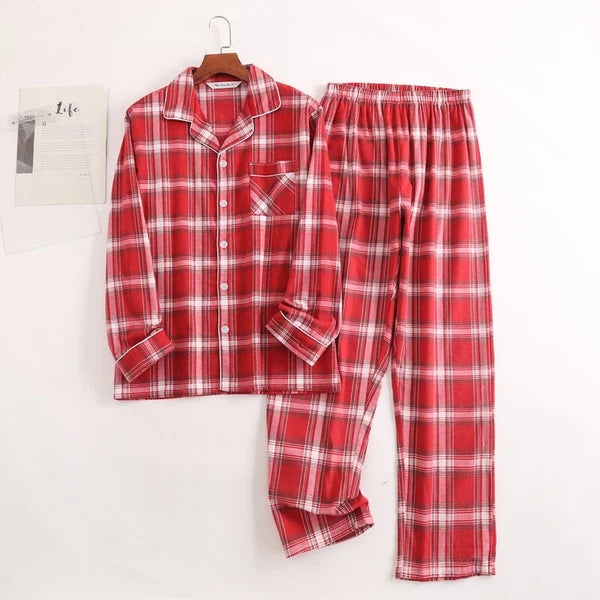Men's Pajamas Set 100% Cotton Sleepwear Long Sleeve Button Top Pants Nightwear