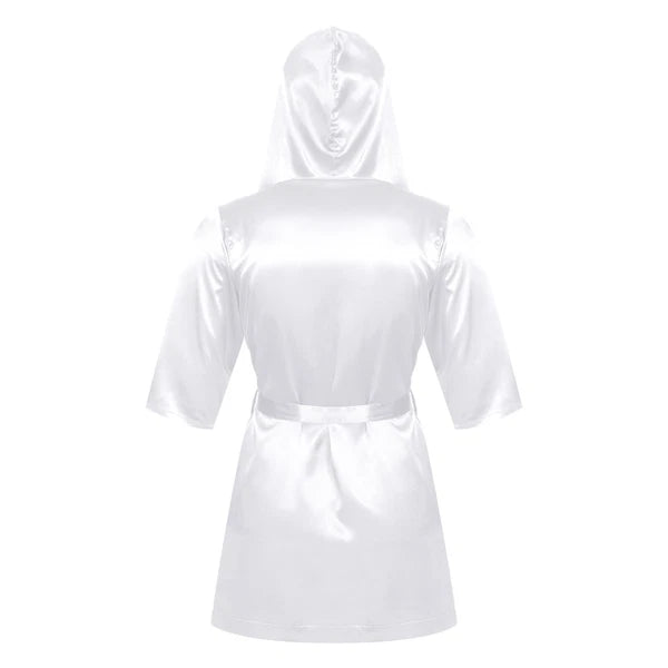 Men's Hooded Robe Set Silk Satin Night Gown Bathrobe Pajama Hot Pants Underwear