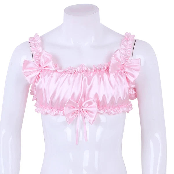Men Ruffled Lingerie Set Cami Straps Bandeau Bra Thong 2Pcs Crossdresser Pajamas