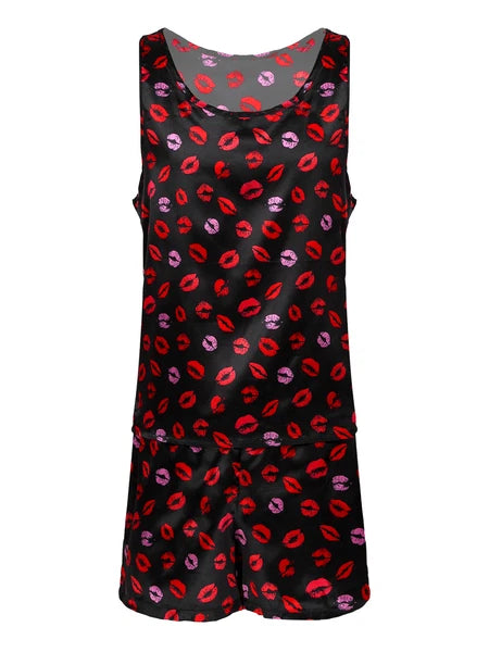 Mens Muscle Shirts Pajama Set Sexy Satin Sleepwear Tank Top Shorts Nightwear