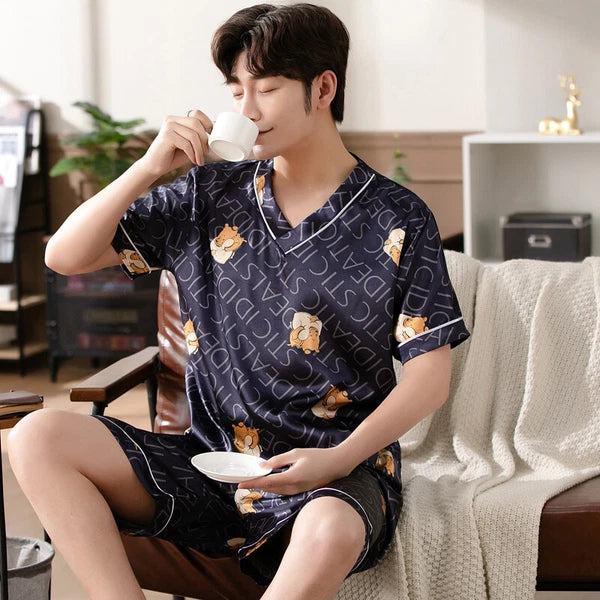 Short Sleeve Sleepwear Pjs Loungewear Pyjamas Charm Men's Silk Satin Pajamas Set