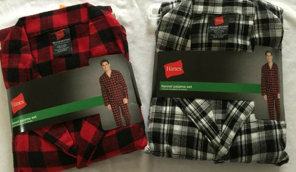 NWT Men's Hanes Flannel RED / BLACK Gray Plaid L/S Pant Set Pajamas PJs Cotton