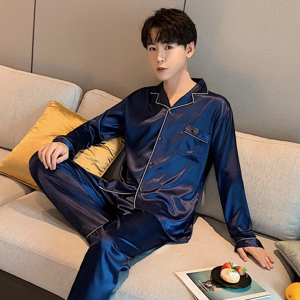 Long Sleeve Nightwear Pajamas Pyjamas Set Mens Silk Satin Sleepwear Loungewear