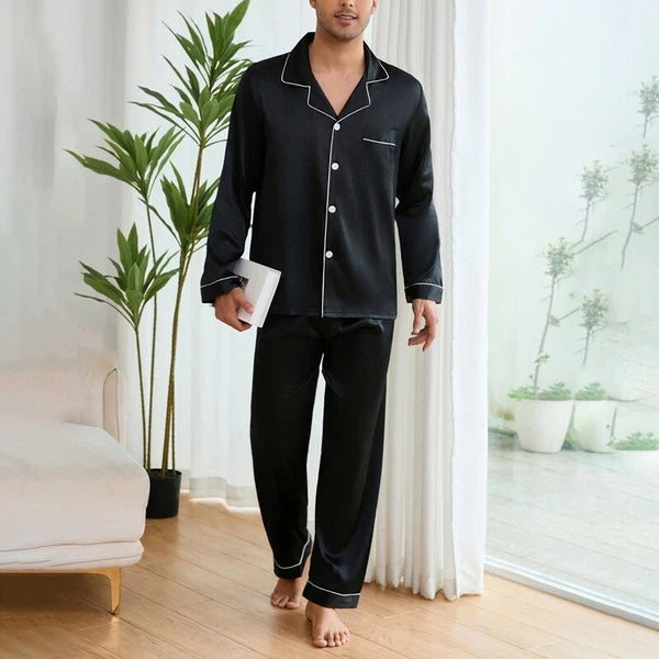Mens Silk Satin Pyjamas Set Nightwear Pyjama Top & Bottoms Loungewear Sleepwear